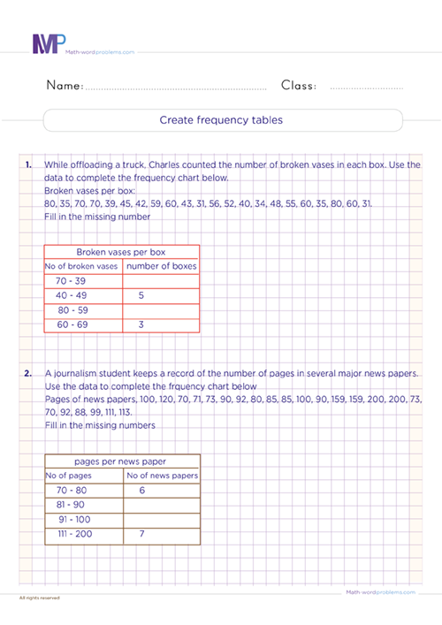 Summarizing Data From a Frequency Table Practice Worksheet 23 Sixth grade student working through a frequency table statistics worksheet with data summarization exercises