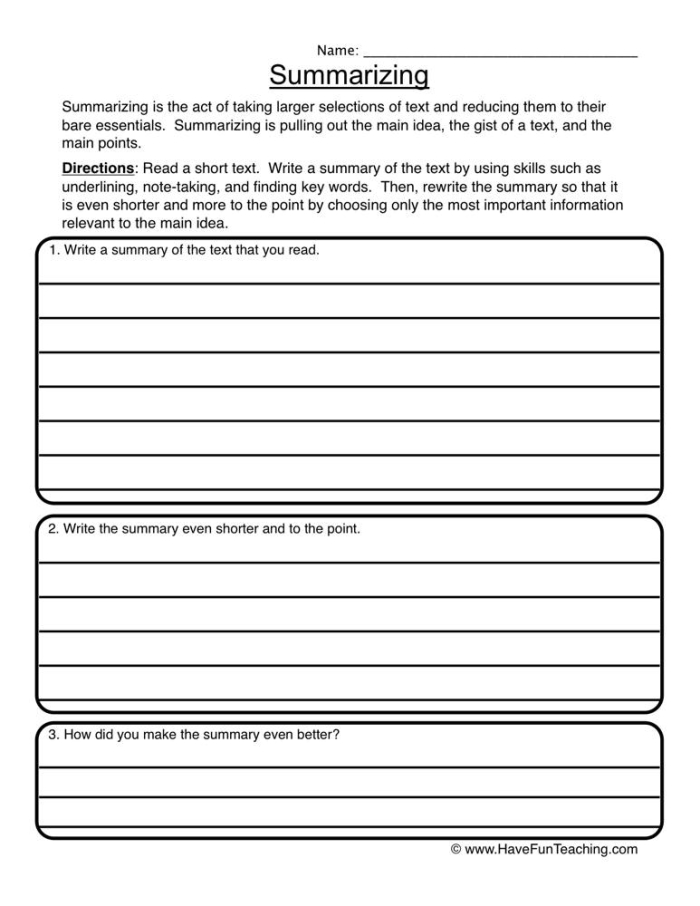 Worksheet for summarizing key ideas from nonfiction texts for sixth graders