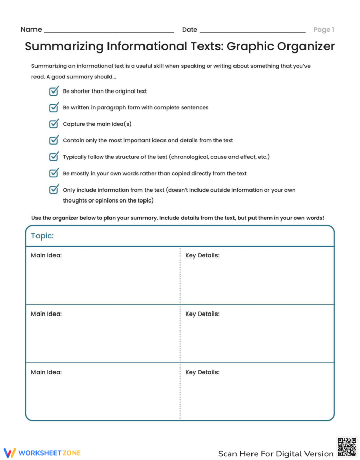Graphic organizer worksheet for summarizing key ideas in nonfiction texts for sixth graders