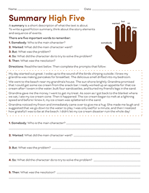 Summary High Five Reading Worksheet for 3rd Grade Lesson 9 Third grade student using a Summary High Five worksheet to outline a fiction story