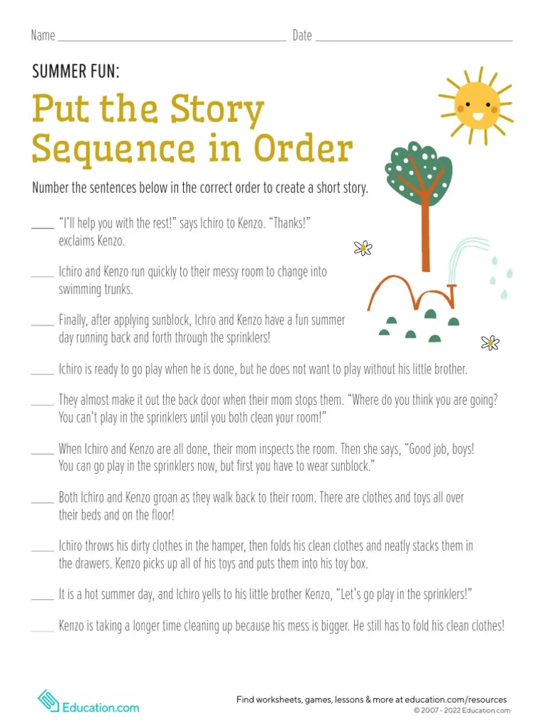 Colorful worksheet for second graders focused on story sequencing activities. Summer Fun: Put the Story Sequence in Order worksheet for improving reading comprehension.