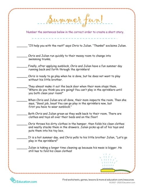 Worksheet for sequencing stories to enhance reading comprehension for second graders