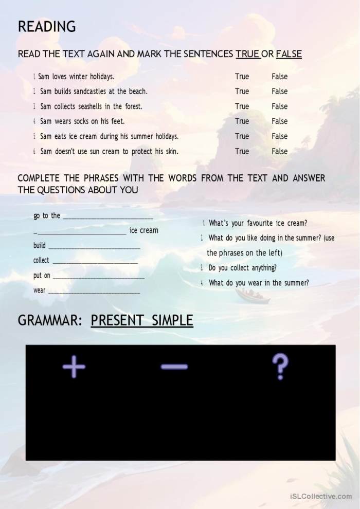 Summer Grammar worksheet focusing on adjectives and nouns for third graders