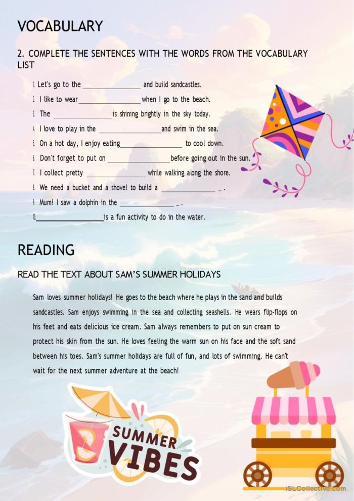 Third grade students engaging with a summer grammar worksheet focusing on adjectives and nouns. Fun summer-themed grammar practice for improving parts of speech skills.