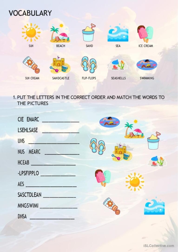 Summer Grammar worksheet focusing on adjectives and nouns for third graders