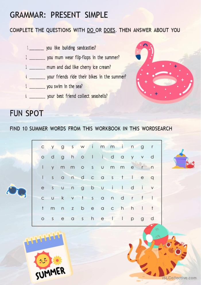 Colorful Summer Grammar worksheet focusing on nouns and adjectives for third graders. Engaging activities to improve handwriting and understanding of parts of speech.
