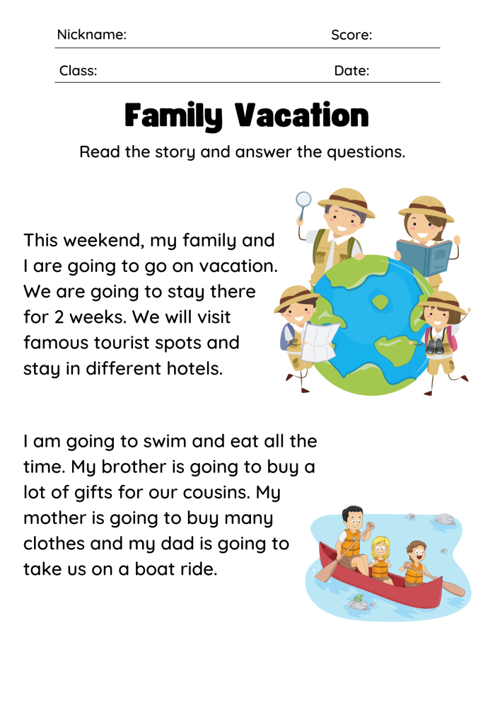 Students engaging with the Read and Review: Summer Vacation worksheet about the Bradley family's trip. Worksheet image for second-grade geometry focused on reading comprehension and response skills.
