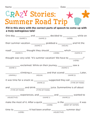 A student filling out a Summer Road Trip mad libs style grammar worksheet with silly words