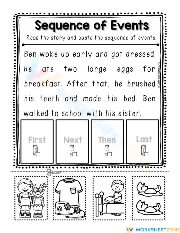 Second grade worksheet featuring a Summer Fun story sequencing activity to practice reading comprehension