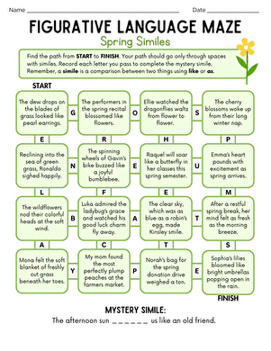Colorful worksheet for fourth graders featuring summer similes in a figurative language maze