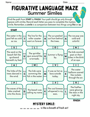 Fourth grade students practice summer similes with this figurative language maze worksheet five