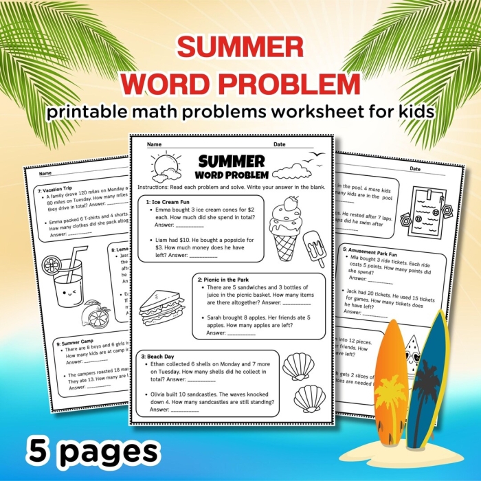 Creative summer-themed math challenges designed for fourth-grade students Summer math word problems worksheet for fourth graders featuring engaging scenarios