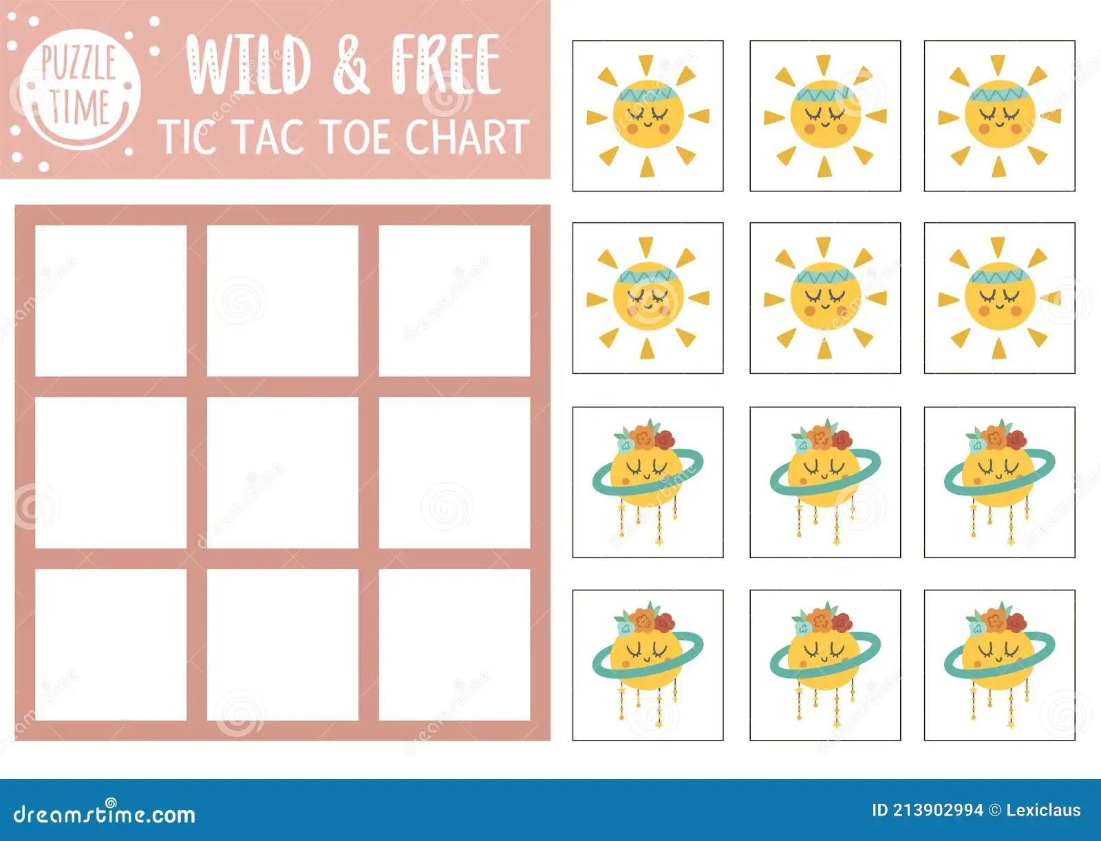 Colorful tic-tac-toe cards featuring cartoon suns and moons for educational fun. Engaging Sun and Moon Tic-Tac-Toe worksheet for first graders.