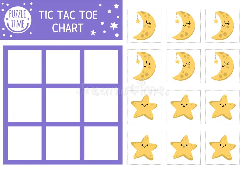 First grade science worksheet featuring cut-out game cards with cartoon sun and moon symbols instead of X and O marks