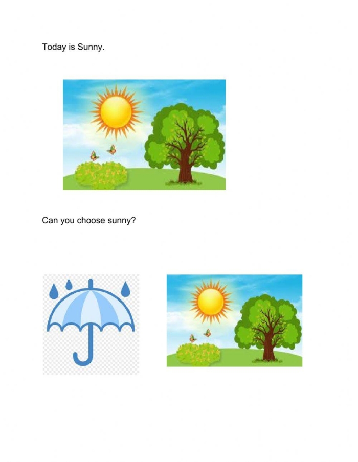 A sunny day worksheet featuring illustrated objects for Pre-K students to identify