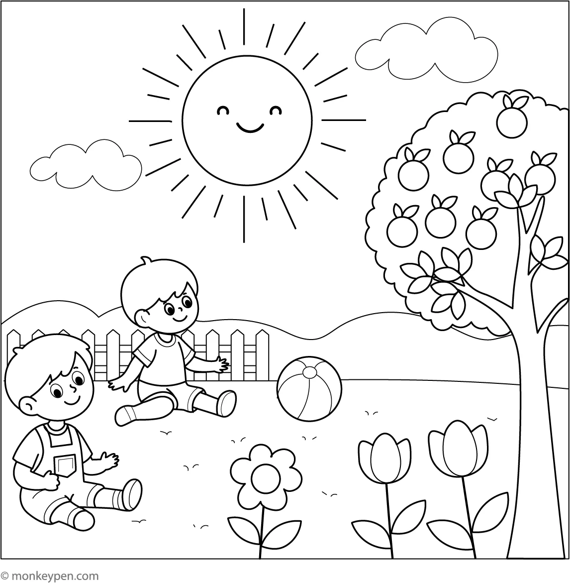 Colorful illustrations of a sunny day scene with various items for young learners to identify