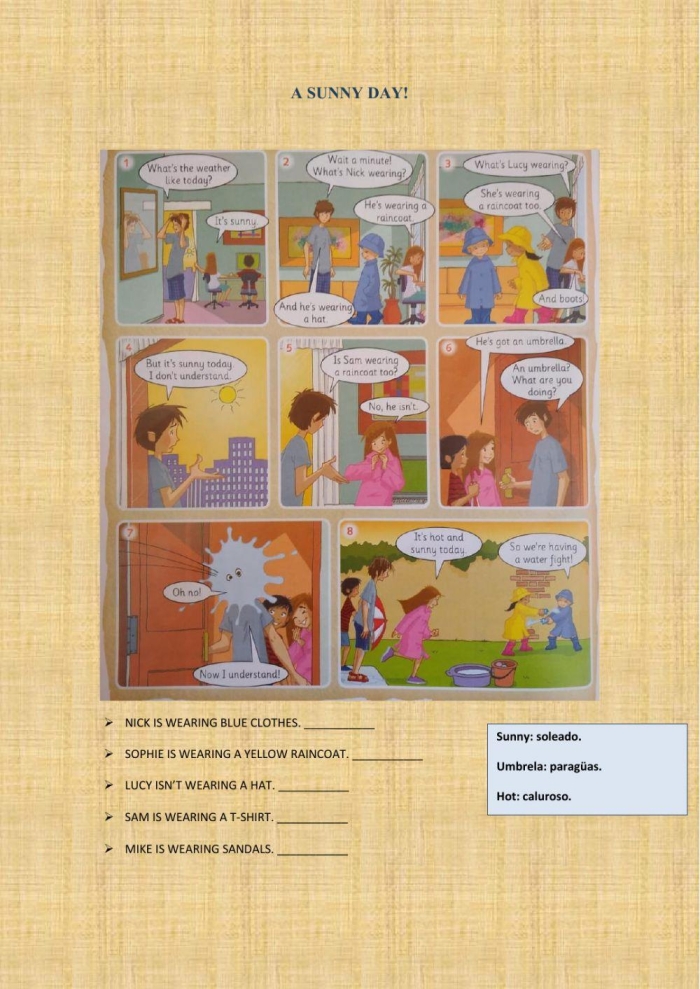 Sunny Day! worksheet featuring colorful illustrations of items associated with a bright day. Engaging visuals for Pre-K Earth and Space Science learners.