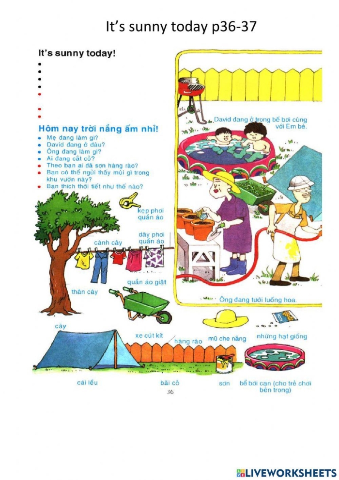 Pre-K worksheet activity identifying various items that belong on a sunny day