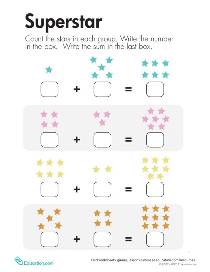Superstar Addition Worksheet 12 for Preschool Math Practice Colorful worksheet featuring cute star characters to help Pre-K students practice single-digit addition problems