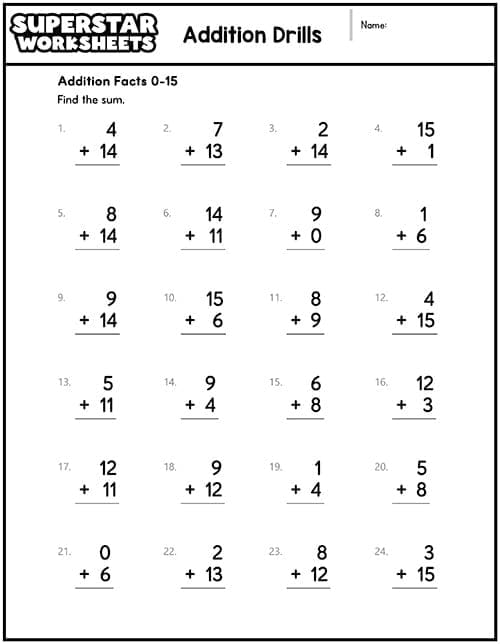 Addition worksheet for Pre-K Colorful Superstar Addition worksheet for preschoolers practicing single-digit math. Engaging addition practice for Pre-K learners.