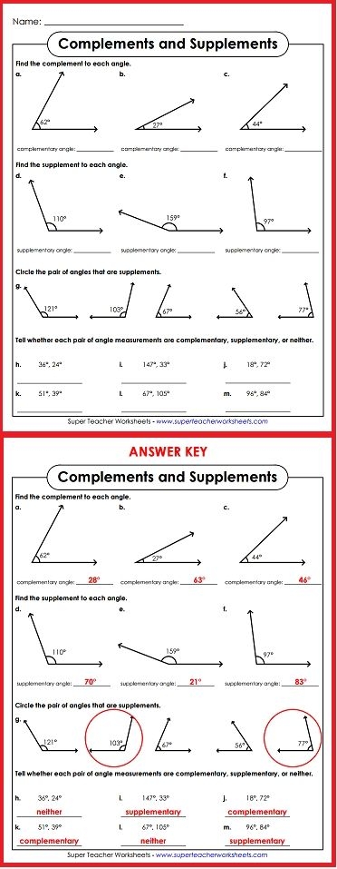 Worksheet focused on supplementary angles for seventh-grade geometry students