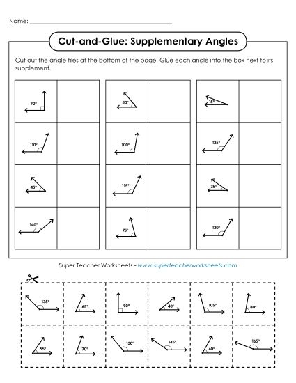 Seventh grade math worksheet featuring geometry problems focused on calculating supplementary angles that total 180 degrees