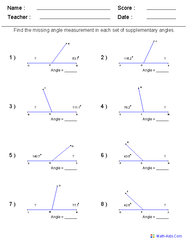 Worksheet for practicing supplementary angles concepts for seventh graders
