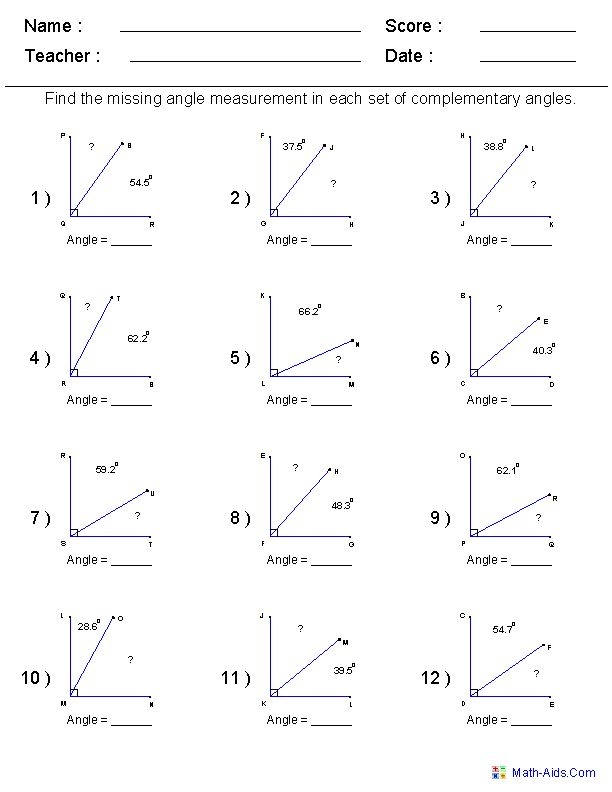 Supplementary angles worksheet designed for seventh-grade students to practice geometry concepts