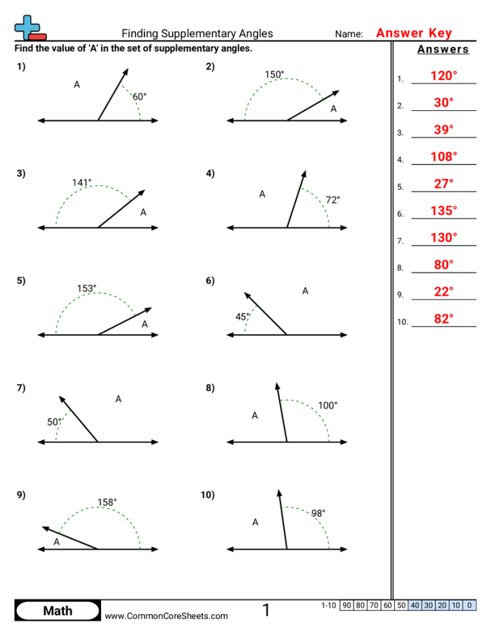 Worksheet for practicing supplementary angles in geometry