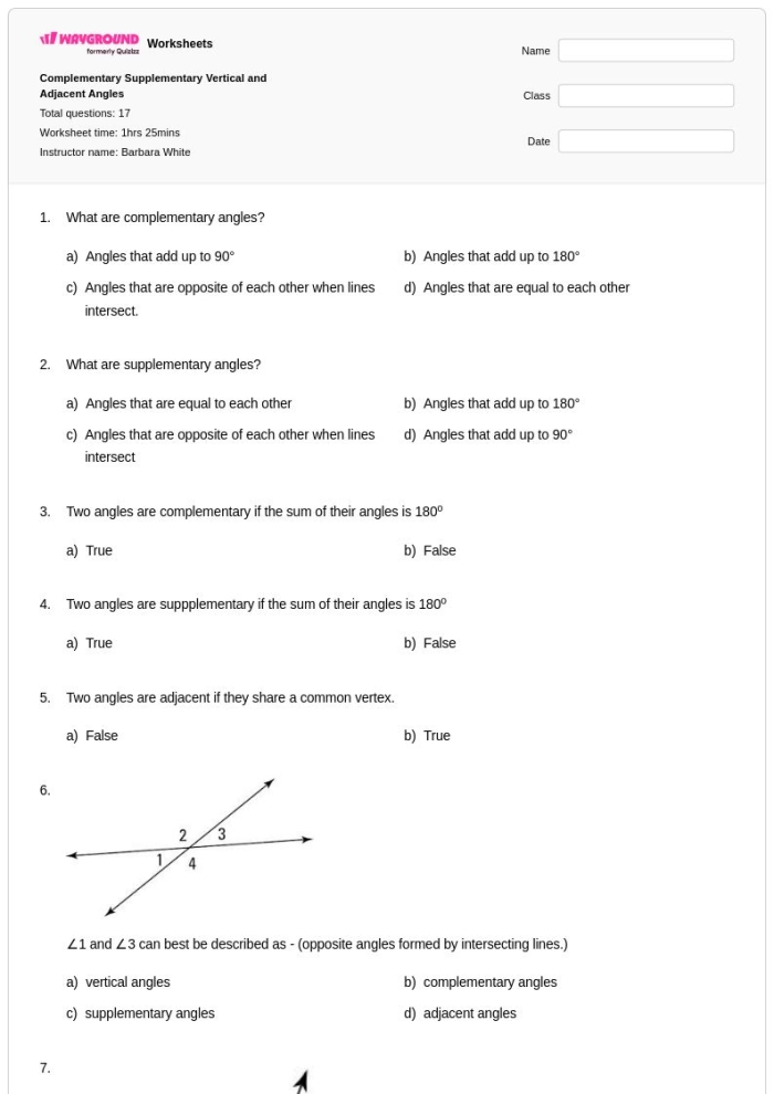 Seventh grade geometry worksheet featuring practice problems on supplementary angles that total 180 degrees