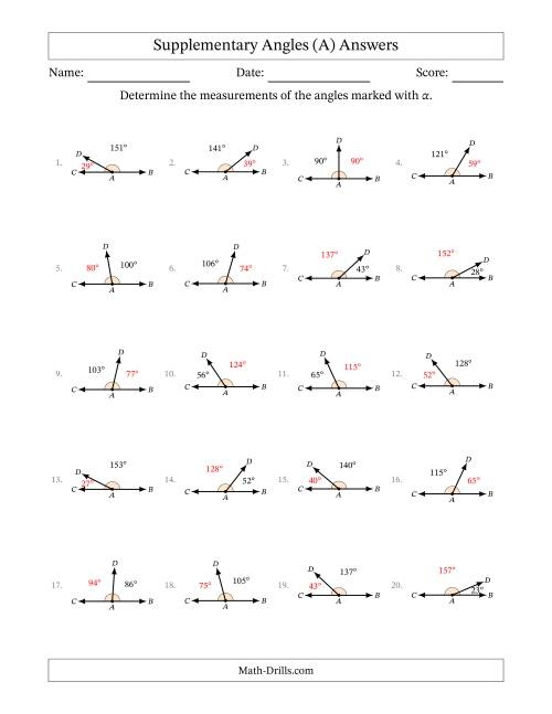 Worksheet featuring supplementary angles for geometry practice