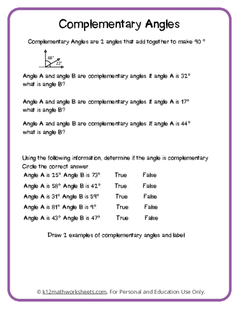 Worksheet for practicing supplementary angles in geometry