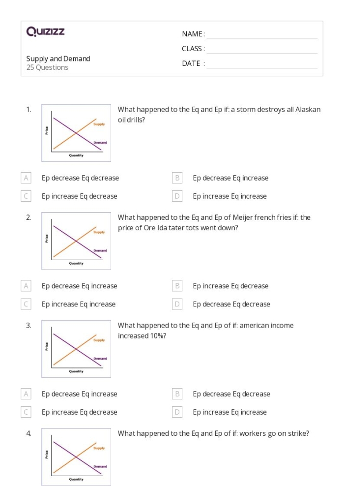 Worksheet illustrating the concepts of supply and demand for sixth graders