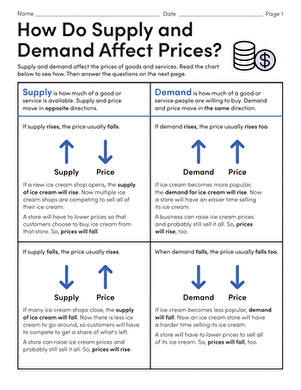 Sixth grade economics worksheet demonstrating how supply and demand concepts determine market prices