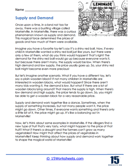 Worksheet illustrating the concepts of supply and demand for sixth graders