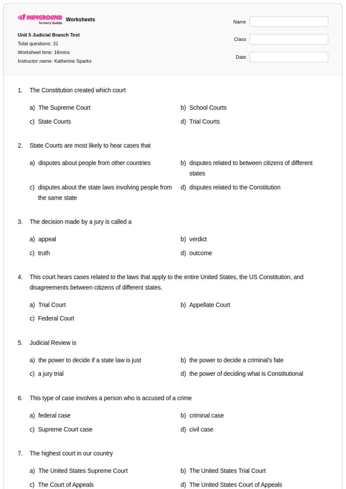 Sixth grade civics worksheet focused on exploring ten essential facts about the United States Supreme Court