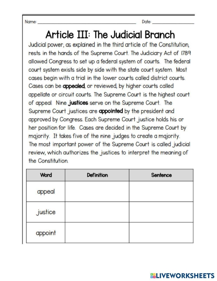 Sixth grade students completing a Supreme Court worksheet activity about the judicial branch of government