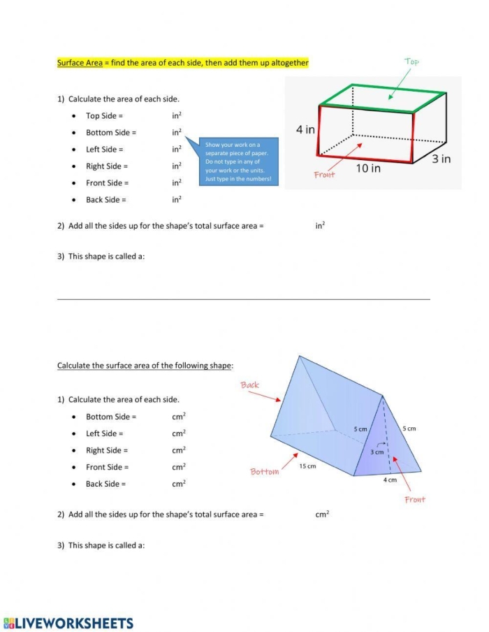 Worksheet featuring exercises on surface area of prisms and pyramids for sixth graders