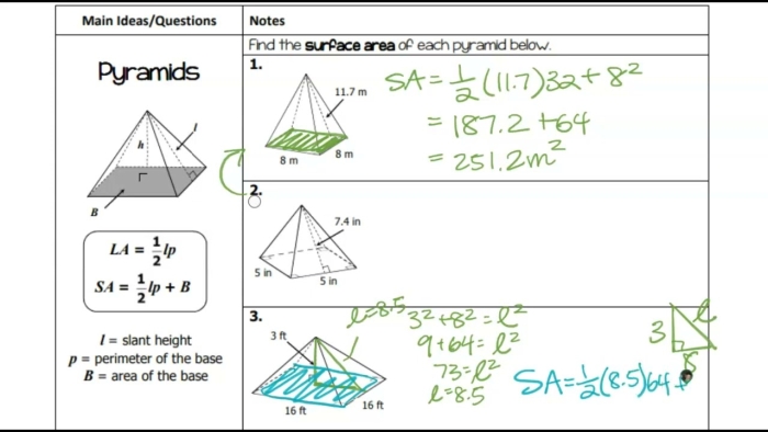Worksheet for practicing surface area calculations of prisms and pyramids designed for sixth graders