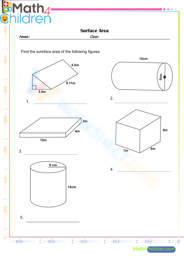 Visual guide for teaching surface area concepts in a fun and engaging way Surface area worksheet designed for sixth-grade students to enhance their handwriting skills
