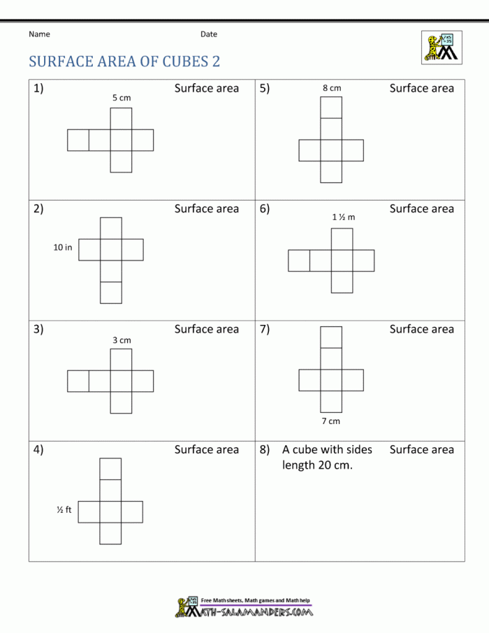 An Introduction to Surface Area worksheet for sixth grade math students Sixth grade surface area practice worksheet featuring math exercises for students
