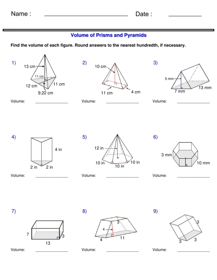 Surface Area Practice worksheet featuring prisms and pyramids for sixth-grade students