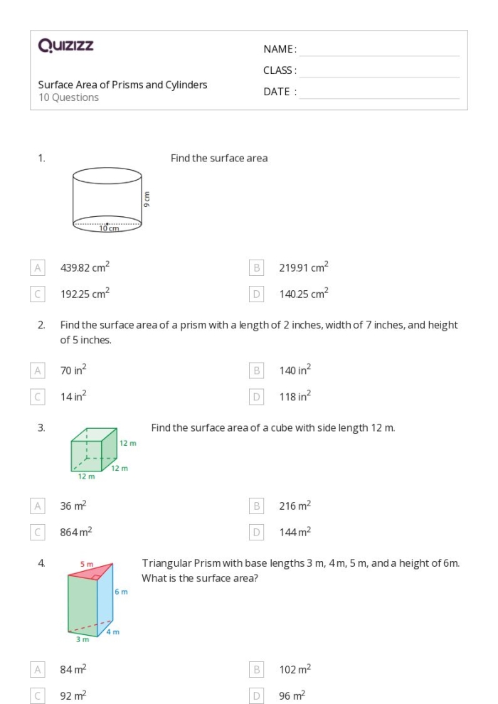 Worksheet featuring surface area calculations for rectangular and triangular prisms for sixth graders