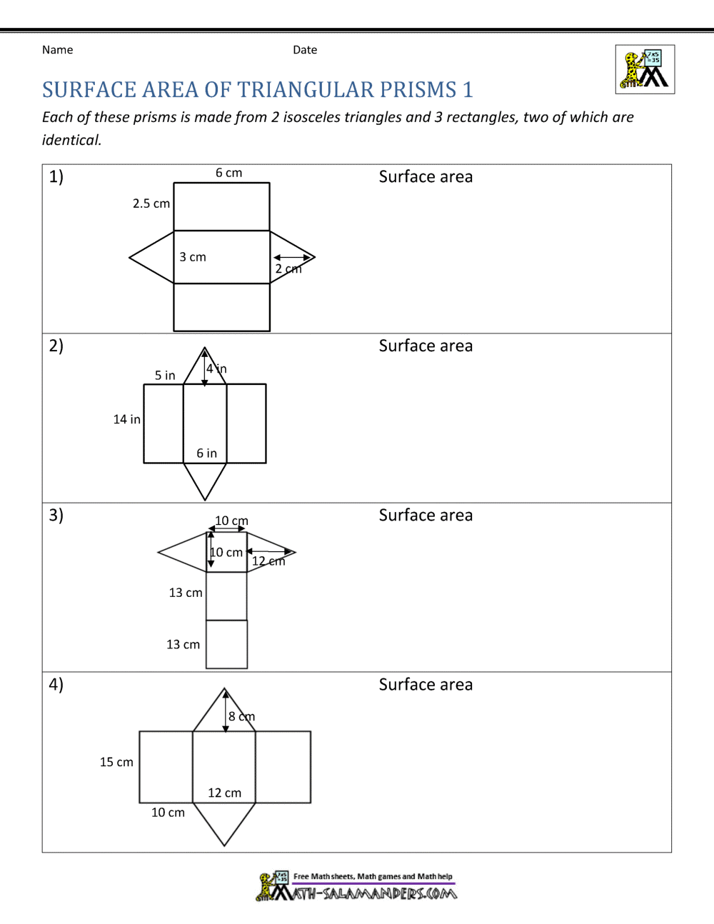 Worksheet for calculating surface areas of rectangular and triangular prisms