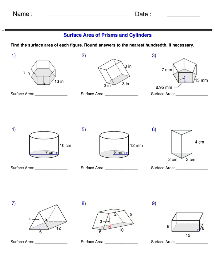 Sixth grade math worksheet featuring geometry problems to calculate the surface area of various prisms