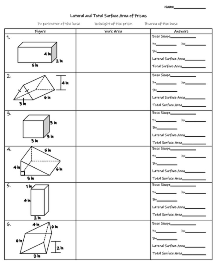 Worksheet for calculating surface areas of rectangular and triangular prisms for sixth graders
