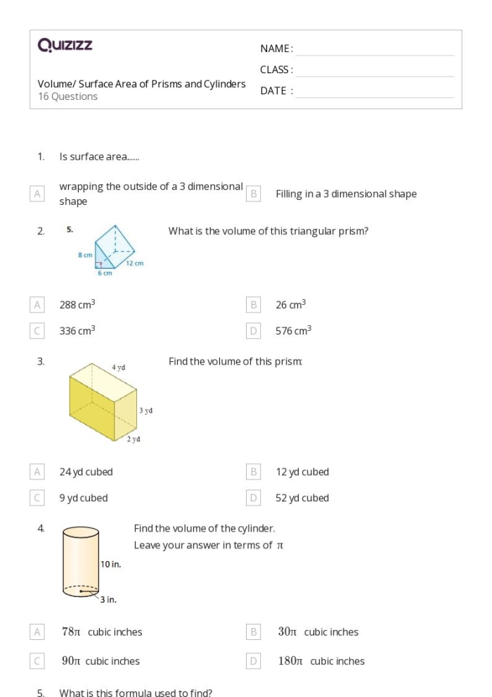 Worksheet for calculating the surface area of rectangular and triangular prisms for sixth graders