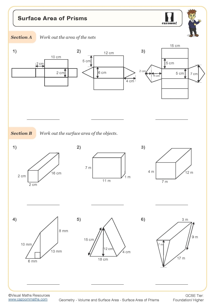 Sixth grade math worksheet for calculating the surface area of rectangular and triangular prisms
