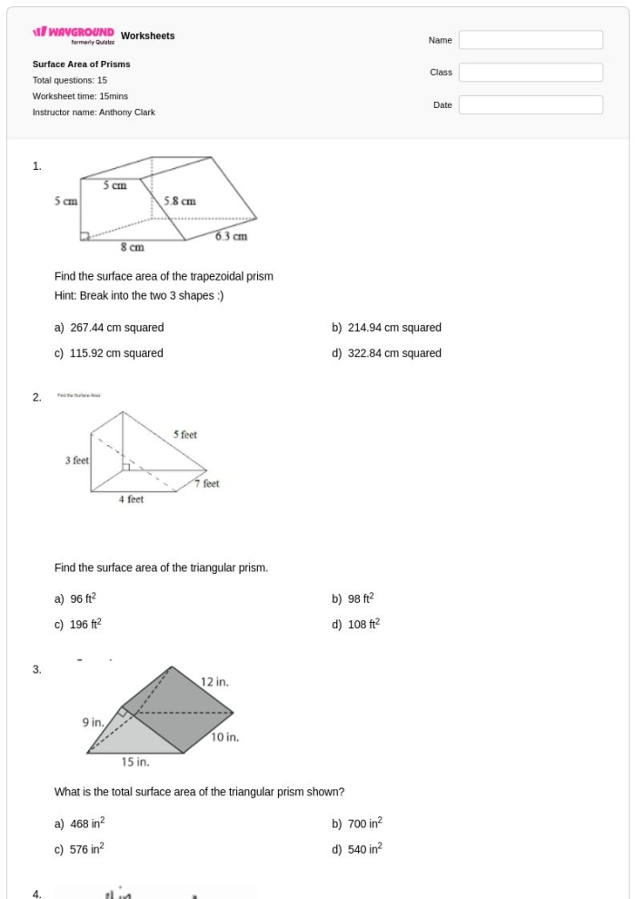 Sixth grade math worksheet featuring geometry problems to calculate the surface area of various prisms