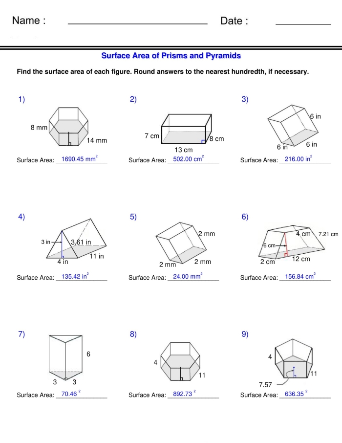 Surface Area Practice worksheet for finding prisms and pyramids designed for sixth graders